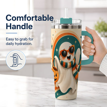 #pl[40oz|Green] Retro Halloween Ghost 40oz Tumbler, Pumpkin Art Stainless Steel Drinkware