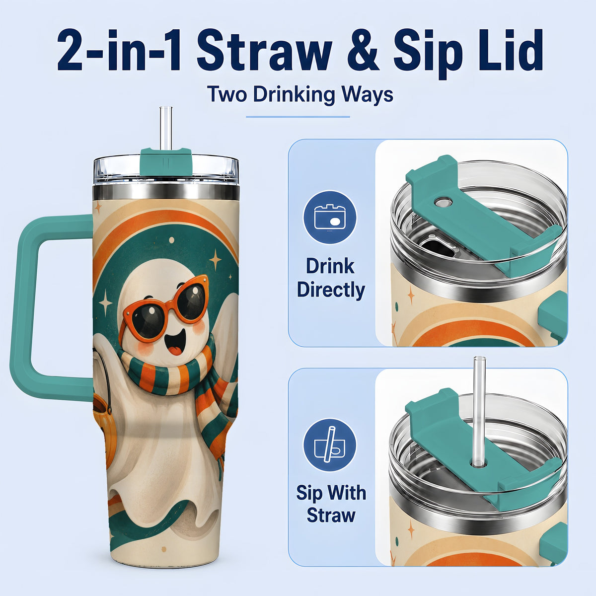 #pl[40oz|Green] Retro Halloween Ghost 40oz Tumbler, Pumpkin Art Stainless Steel Drinkware