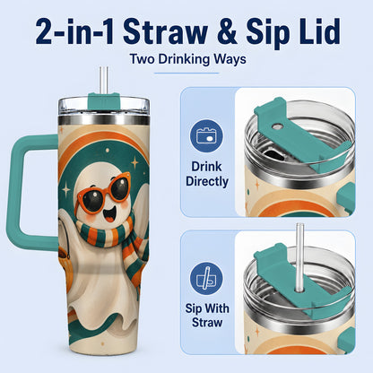 #pl[40oz|Green] Retro Halloween Ghost 40oz Tumbler, Pumpkin Art Stainless Steel Drinkware