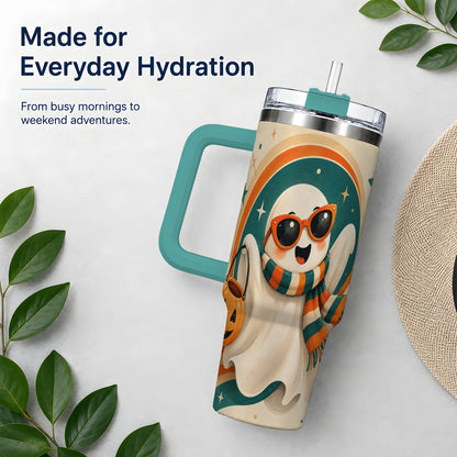 #pl[40oz|Green] Retro Halloween Ghost 40oz Tumbler, Pumpkin Art Stainless Steel Drinkware