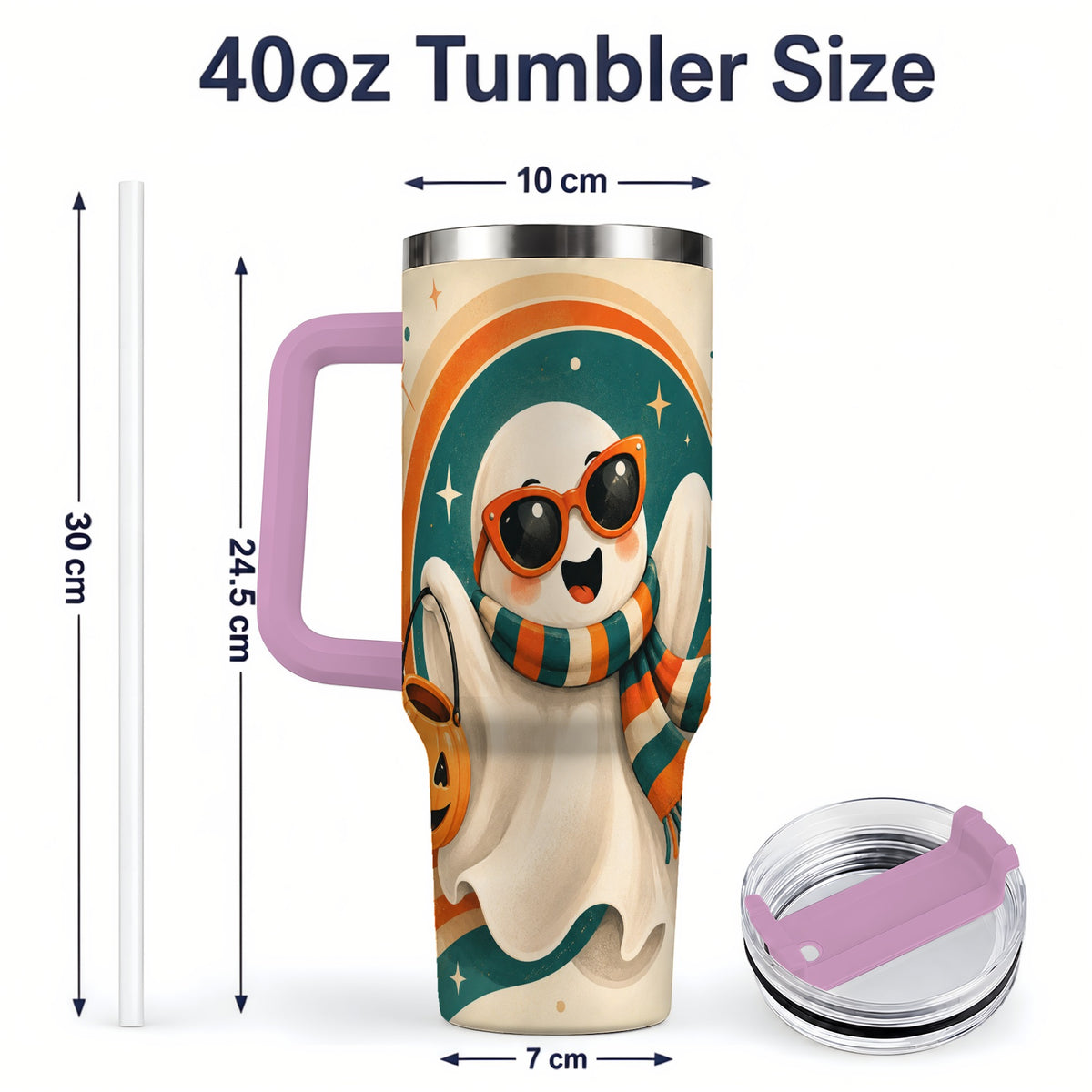 #pl[40oz|Pink] Retro Halloween Ghost 40oz Tumbler, Pumpkin Art Stainless Steel Drinkware