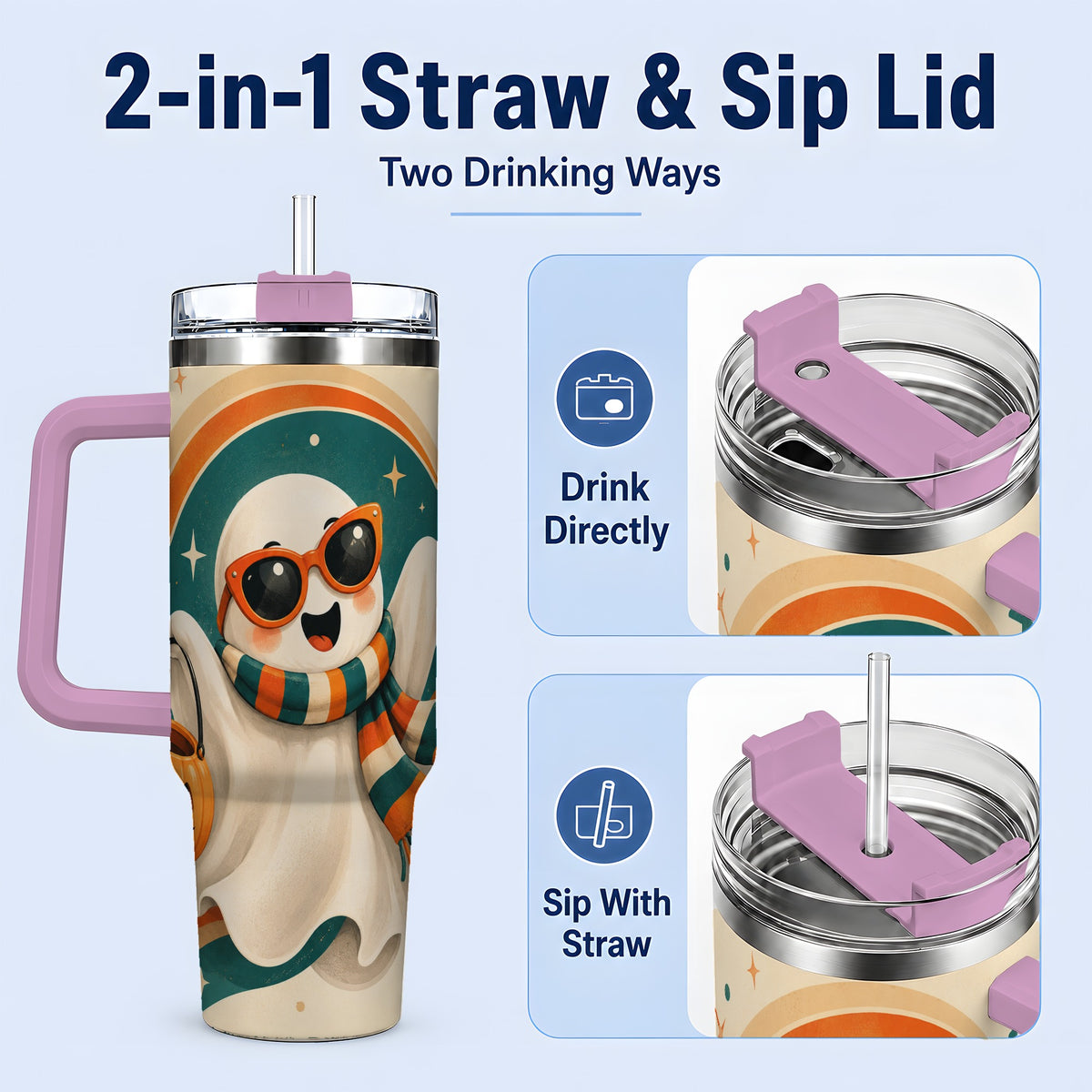 #pl[40oz|Pink] Retro Halloween Ghost 40oz Tumbler, Pumpkin Art Stainless Steel Drinkware