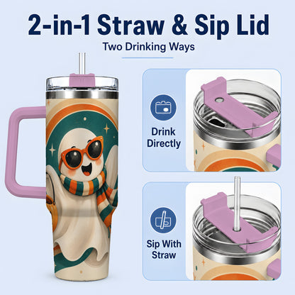 #pl[40oz|Pink] Retro Halloween Ghost 40oz Tumbler, Pumpkin Art Stainless Steel Drinkware