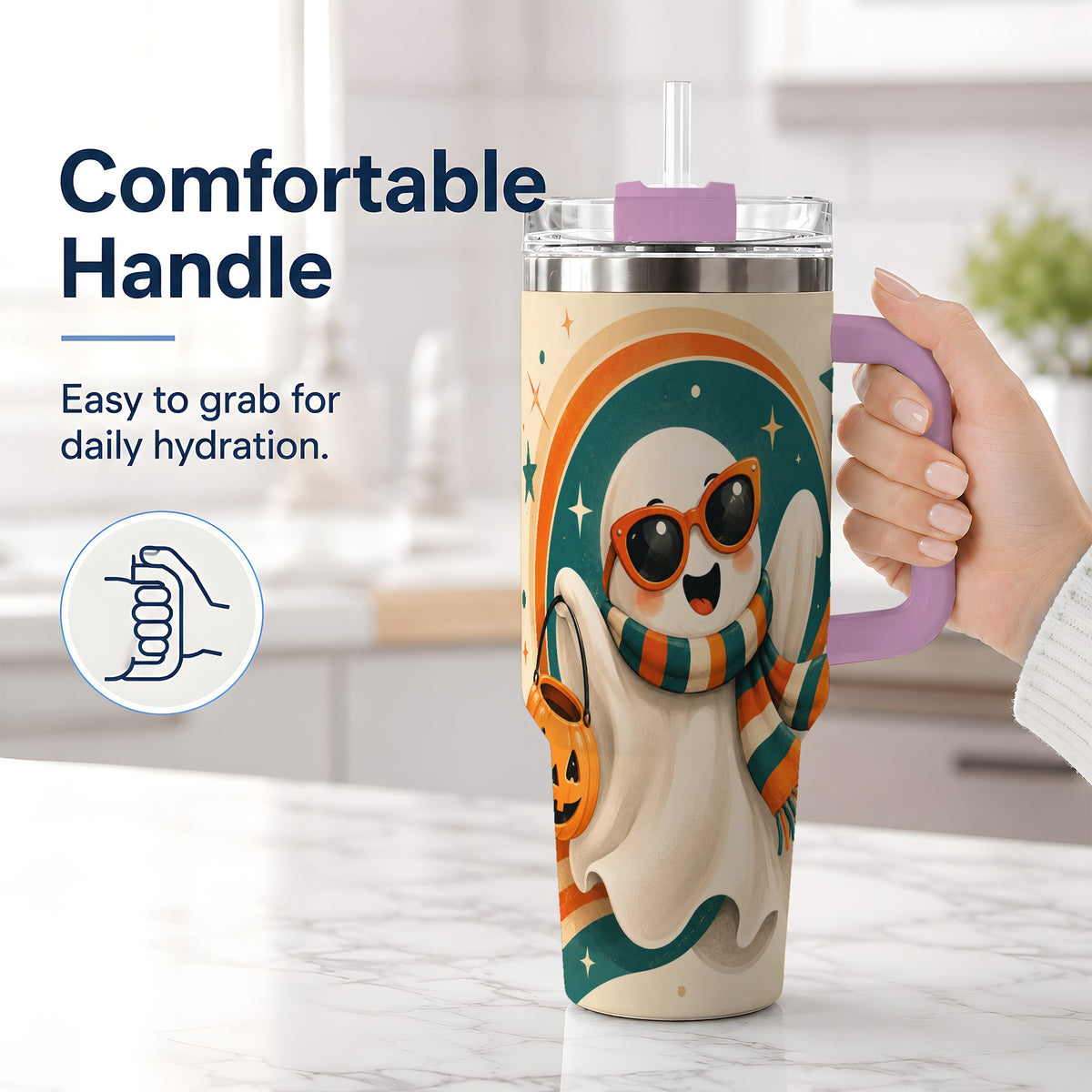 #pl[40oz|Pink] Retro Halloween Ghost 40oz Tumbler, Pumpkin Art Stainless Steel Drinkware