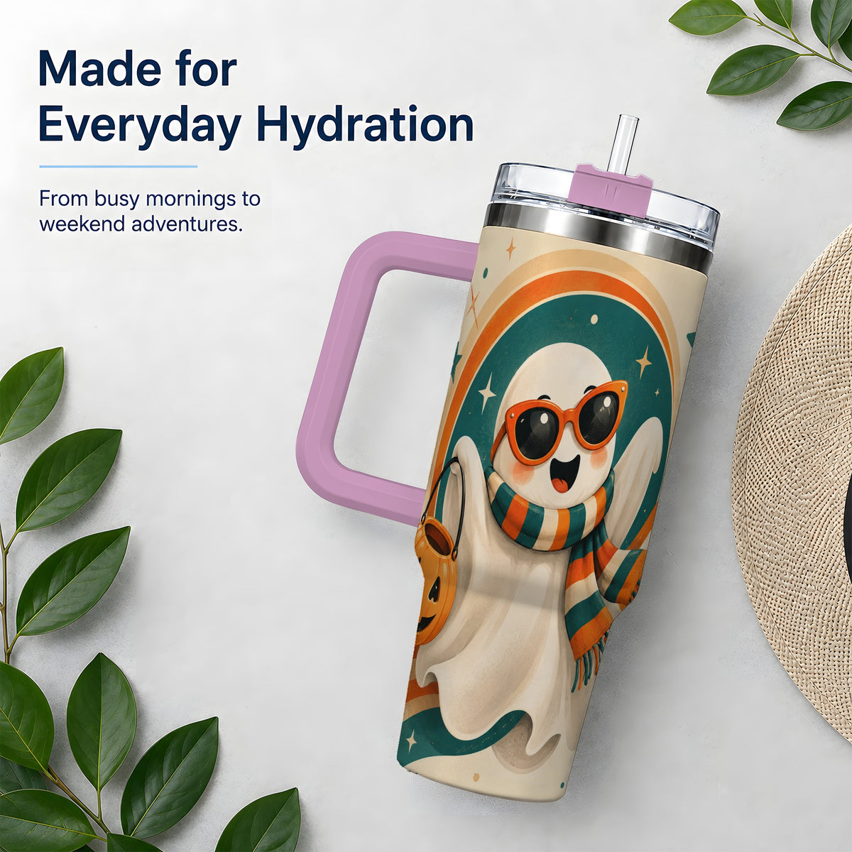 #pl[40oz|Pink] Retro Halloween Ghost 40oz Tumbler, Pumpkin Art Stainless Steel Drinkware