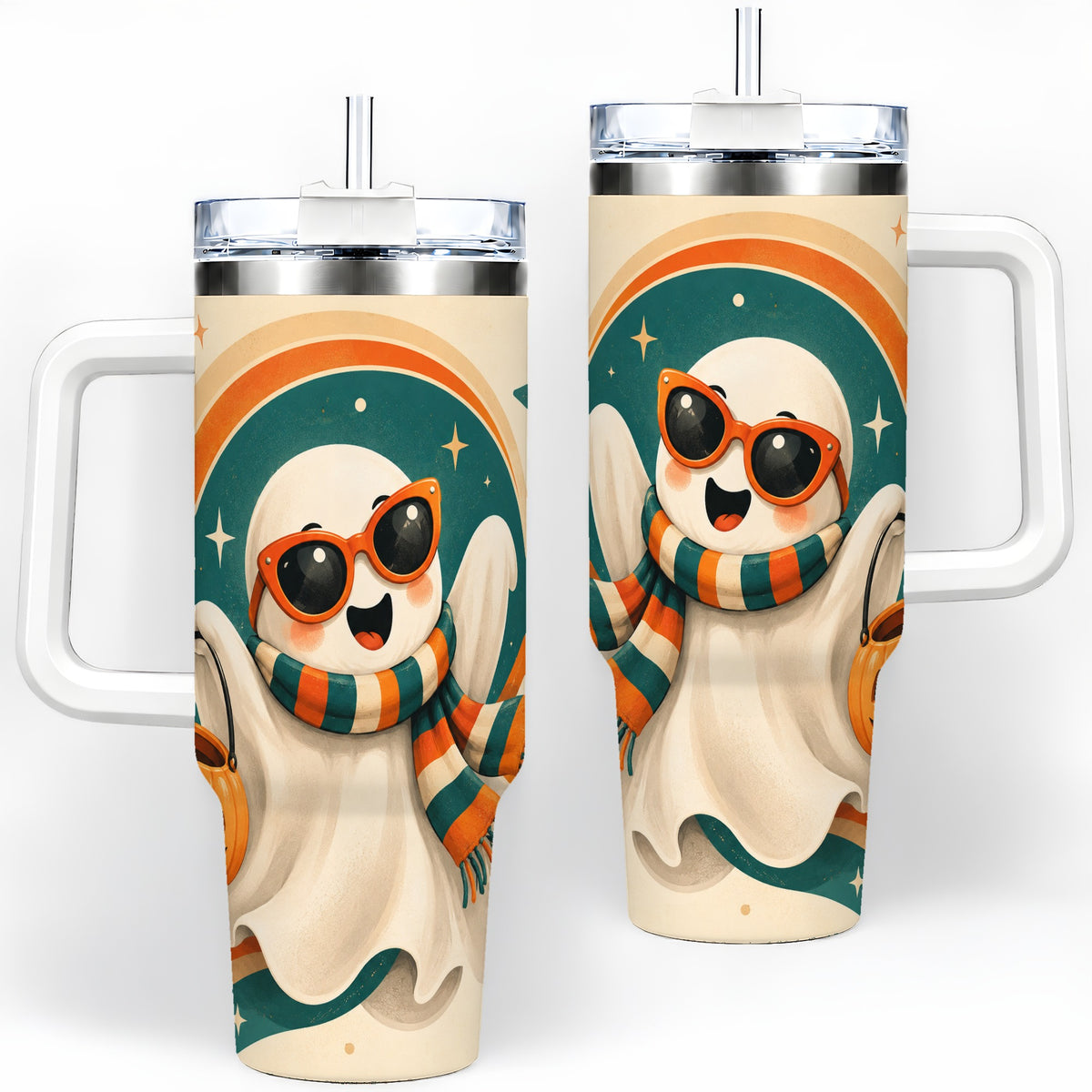 Retro Halloween Ghost 40oz Tumbler, Pumpkin Art Stainless Steel Drinkware