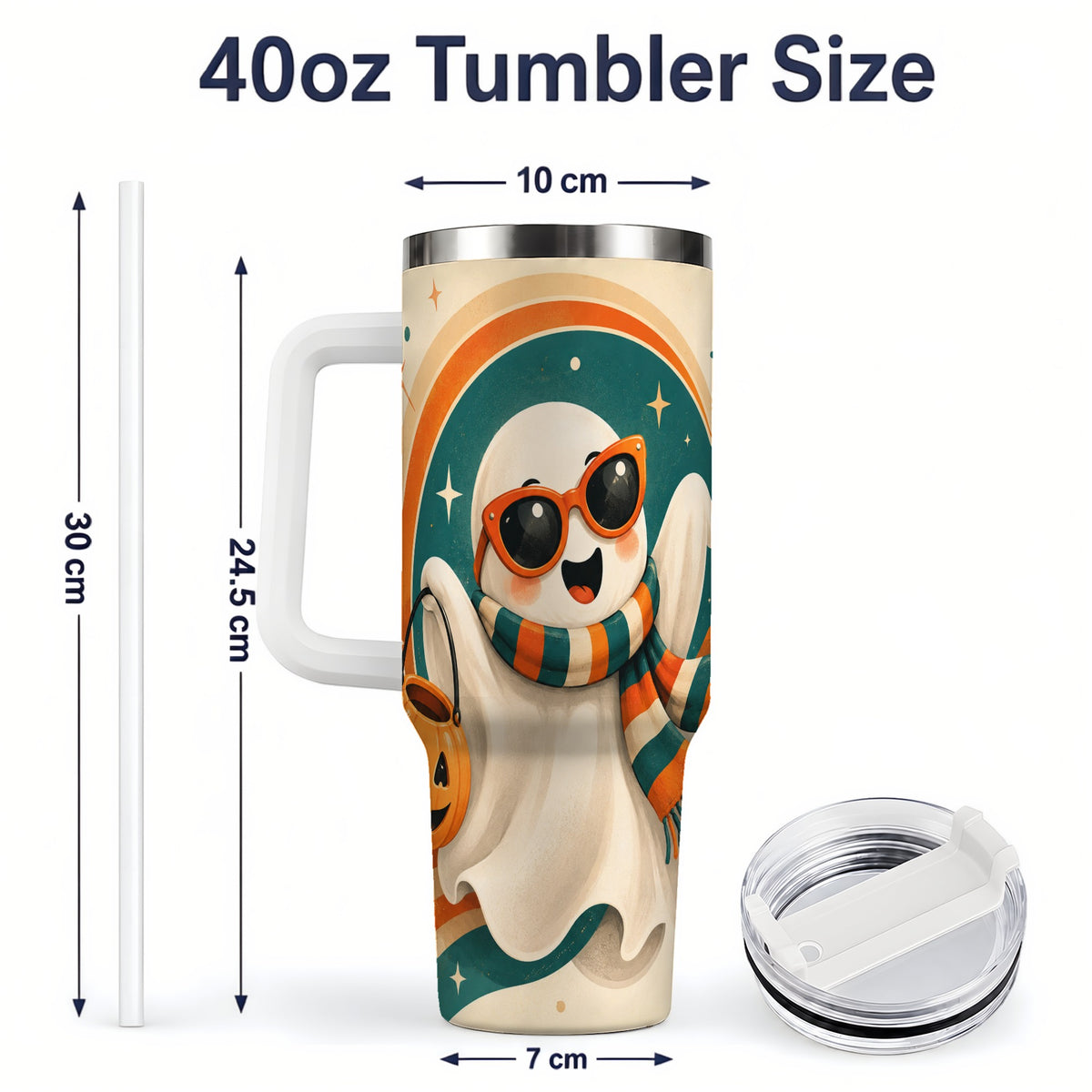 #pl[40oz|White] Retro Halloween Ghost 40oz Tumbler, Pumpkin Art Stainless Steel Drinkware