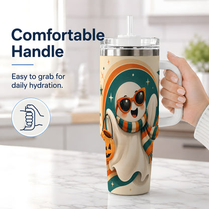#pl[40oz|White] Retro Halloween Ghost 40oz Tumbler, Pumpkin Art Stainless Steel Drinkware