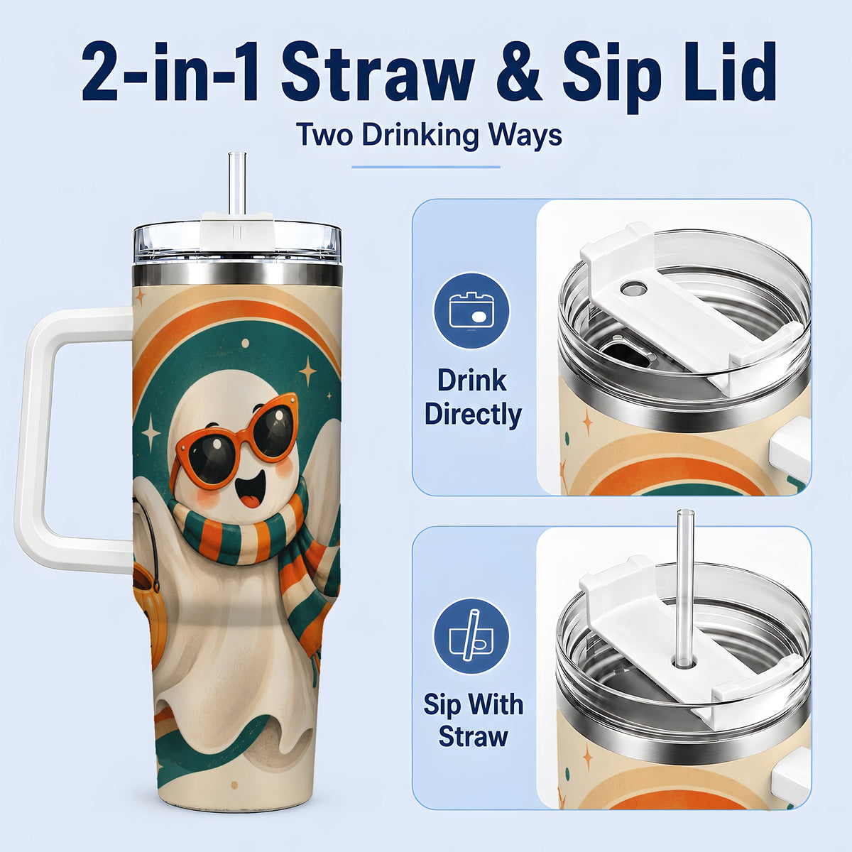 #pl[40oz|White] Retro Halloween Ghost 40oz Tumbler, Pumpkin Art Stainless Steel Drinkware