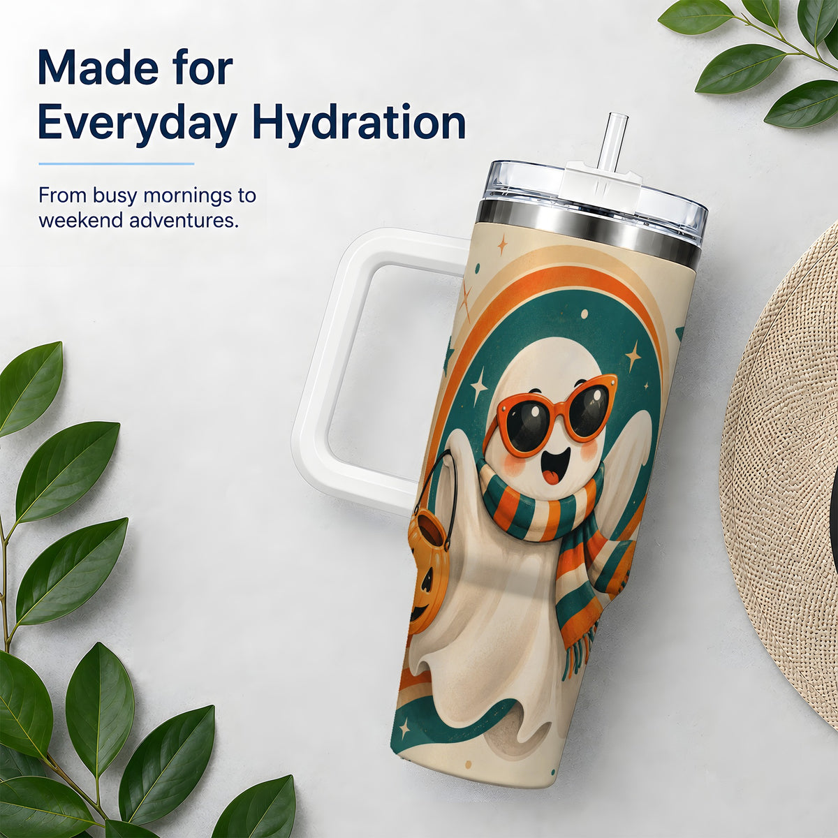 #pl[40oz|White] Retro Halloween Ghost 40oz Tumbler, Pumpkin Art Stainless Steel Drinkware