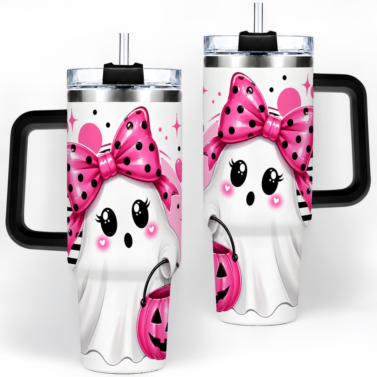 #pl[40oz|Black] Pink Bow Ghost 40oz Tumbler, Halloween Pumpkin Stainless Steel Drinkware