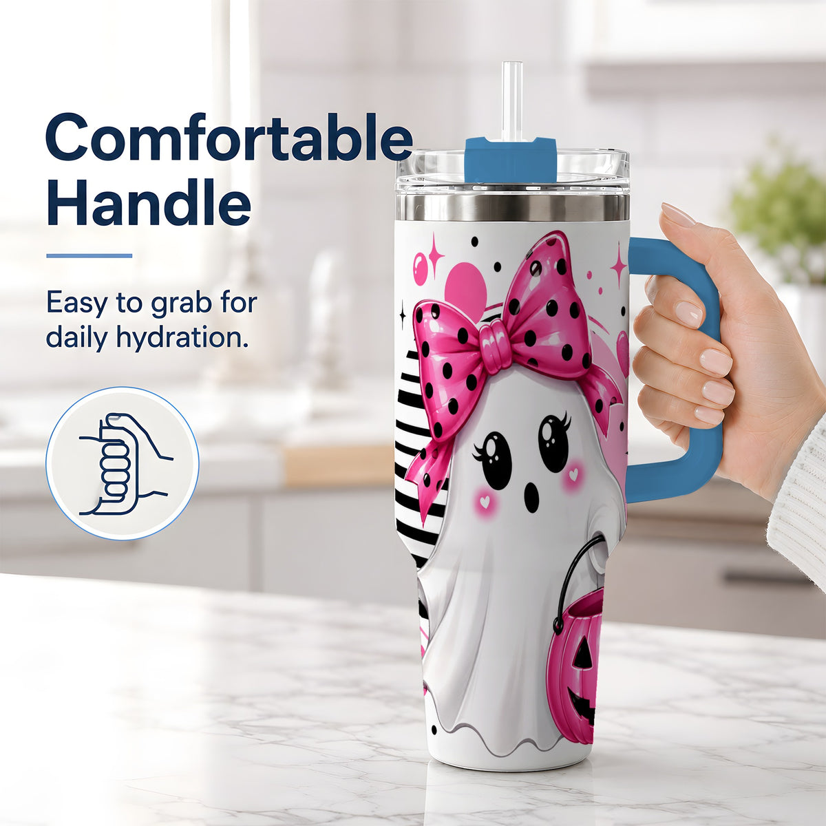 #pl[40oz|Blue] Pink Bow Ghost 40oz Tumbler, Halloween Pumpkin Stainless Steel Drinkware
