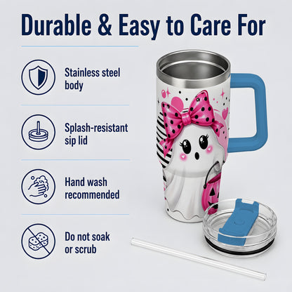 #pl[40oz|Blue] Pink Bow Ghost 40oz Tumbler, Halloween Pumpkin Stainless Steel Drinkware