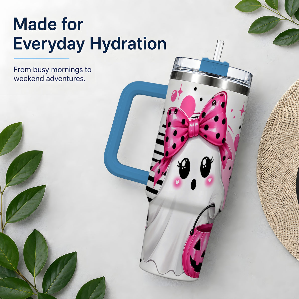 #pl[40oz|Blue] Pink Bow Ghost 40oz Tumbler, Halloween Pumpkin Stainless Steel Drinkware