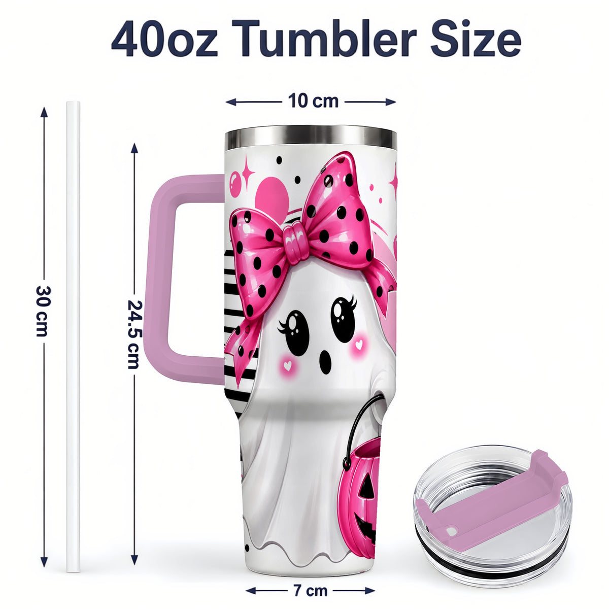 #pl[40oz|Pink] Pink Bow Ghost 40oz Tumbler, Halloween Pumpkin Stainless Steel Drinkware