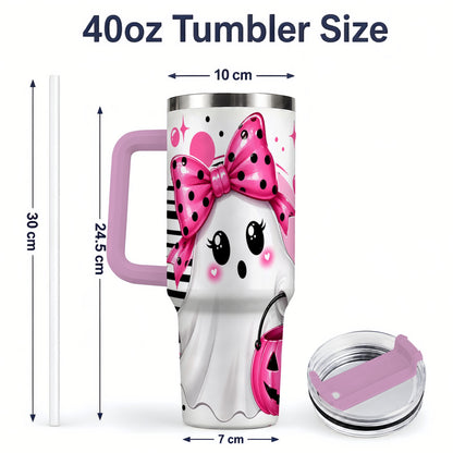 #pl[40oz|Pink] Pink Bow Ghost 40oz Tumbler, Halloween Pumpkin Stainless Steel Drinkware