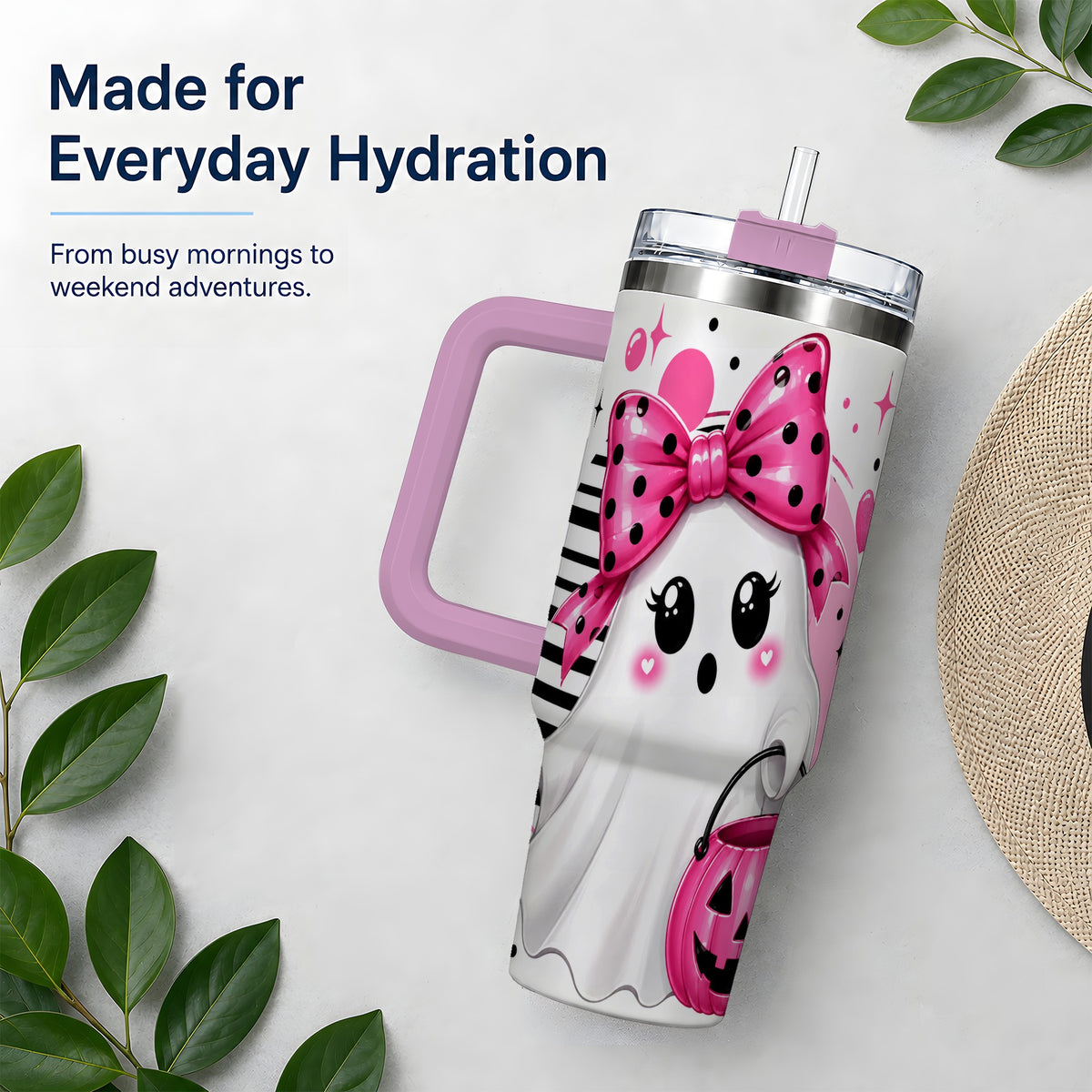 #pl[40oz|Pink] Pink Bow Ghost 40oz Tumbler, Halloween Pumpkin Stainless Steel Drinkware