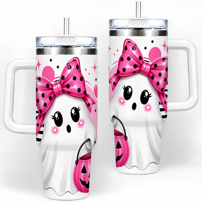 Pink Bow Ghost 40oz Tumbler, Halloween Pumpkin Stainless Steel Drinkware