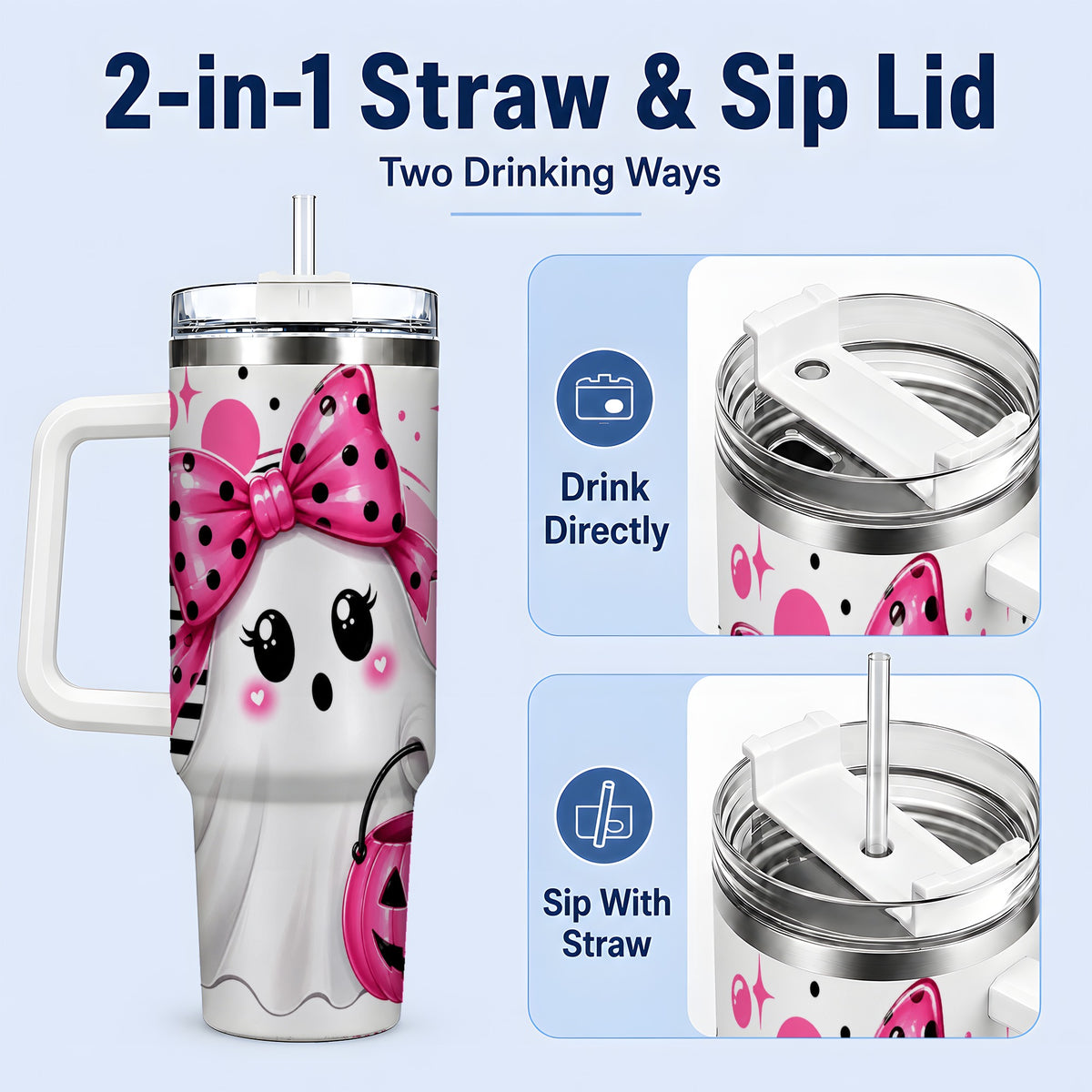 #pl[40oz|White] Pink Bow Ghost 40oz Tumbler, Halloween Pumpkin Stainless Steel Drinkware