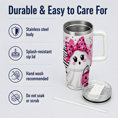#pl[40oz|White] Pink Bow Ghost 40oz Tumbler, Halloween Pumpkin Stainless Steel Drinkware