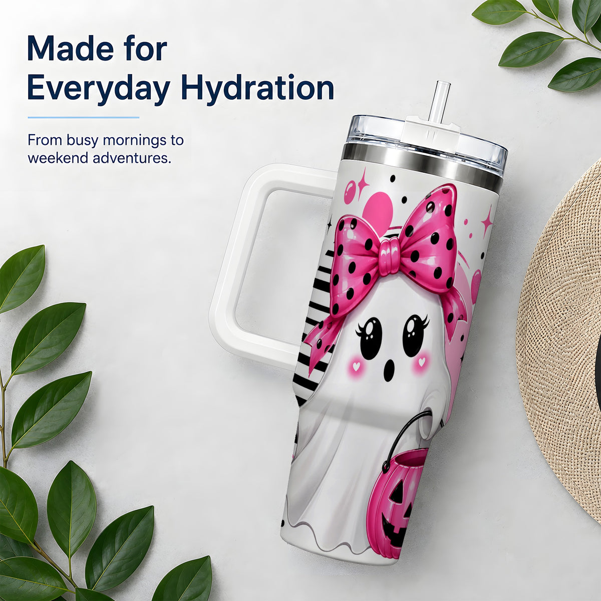 #pl[40oz|White] Pink Bow Ghost 40oz Tumbler, Halloween Pumpkin Stainless Steel Drinkware