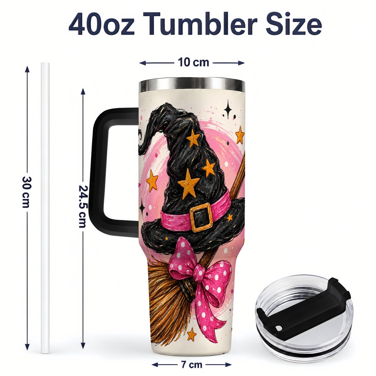 #pl[40oz|Black] Pink Witch Hat Halloween 40oz Tumbler, Broom Art Stainless Steel Drinkware