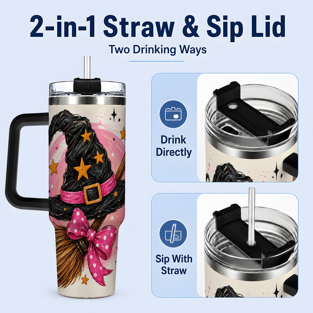 #pl[40oz|Black] Pink Witch Hat Halloween 40oz Tumbler, Broom Art Stainless Steel Drinkware