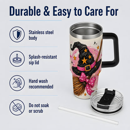 #pl[40oz|Black] Pink Witch Hat Halloween 40oz Tumbler, Broom Art Stainless Steel Drinkware