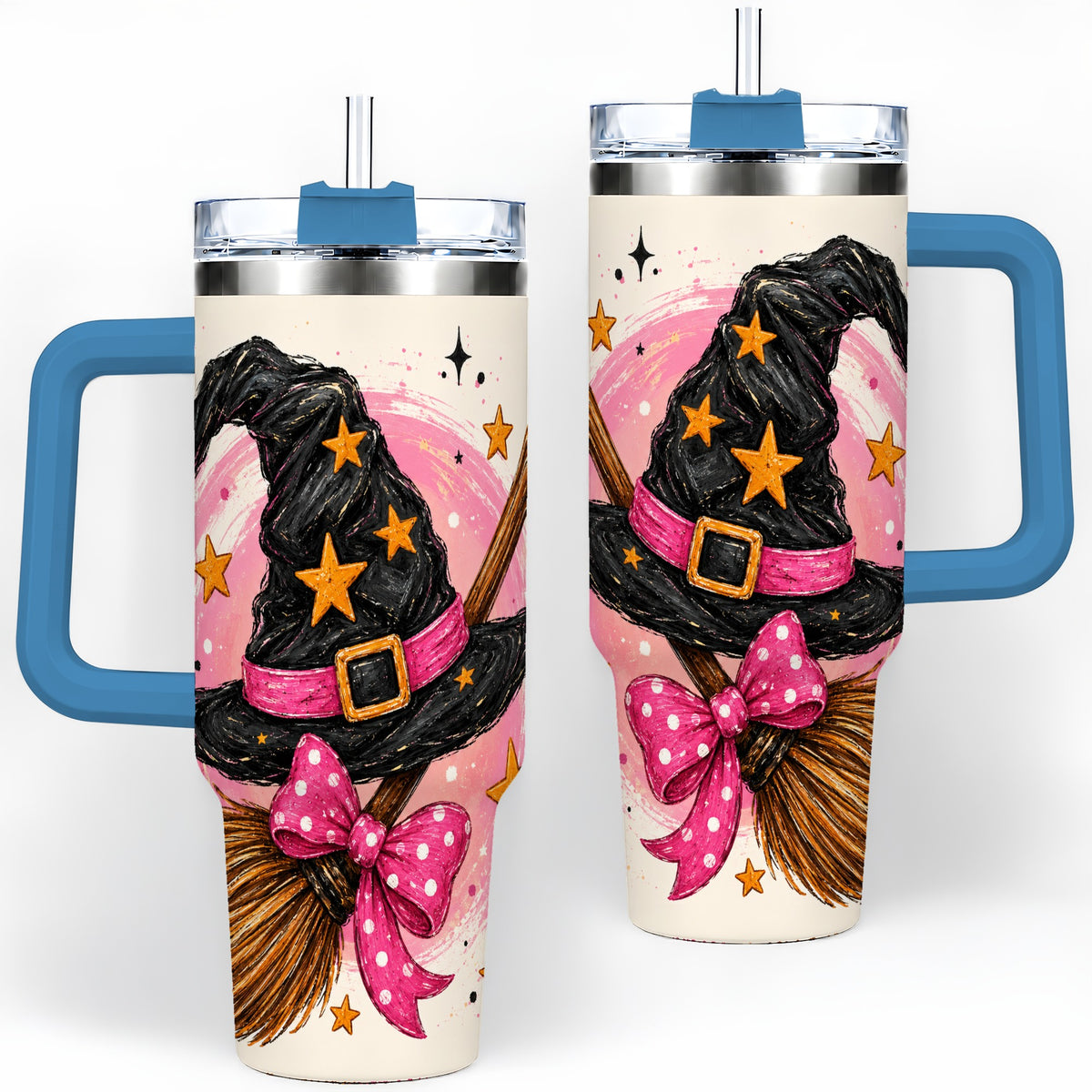 #pl[40oz|Blue] Pink Witch Hat Halloween 40oz Tumbler, Broom Art Stainless Steel Drinkware