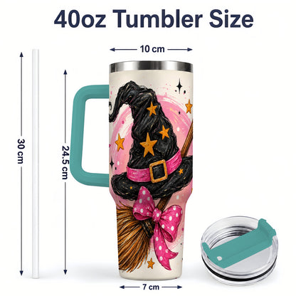 #pl[40oz|Green] Pink Witch Hat Halloween 40oz Tumbler, Broom Art Stainless Steel Drinkware