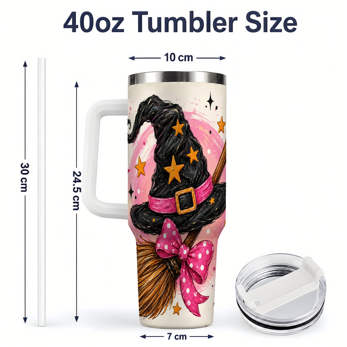 #pl[40oz|White] Pink Witch Hat Halloween 40oz Tumbler, Broom Art Stainless Steel Drinkware