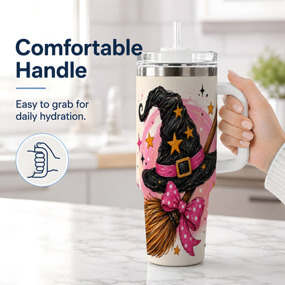 #pl[40oz|White] Pink Witch Hat Halloween 40oz Tumbler, Broom Art Stainless Steel Drinkware