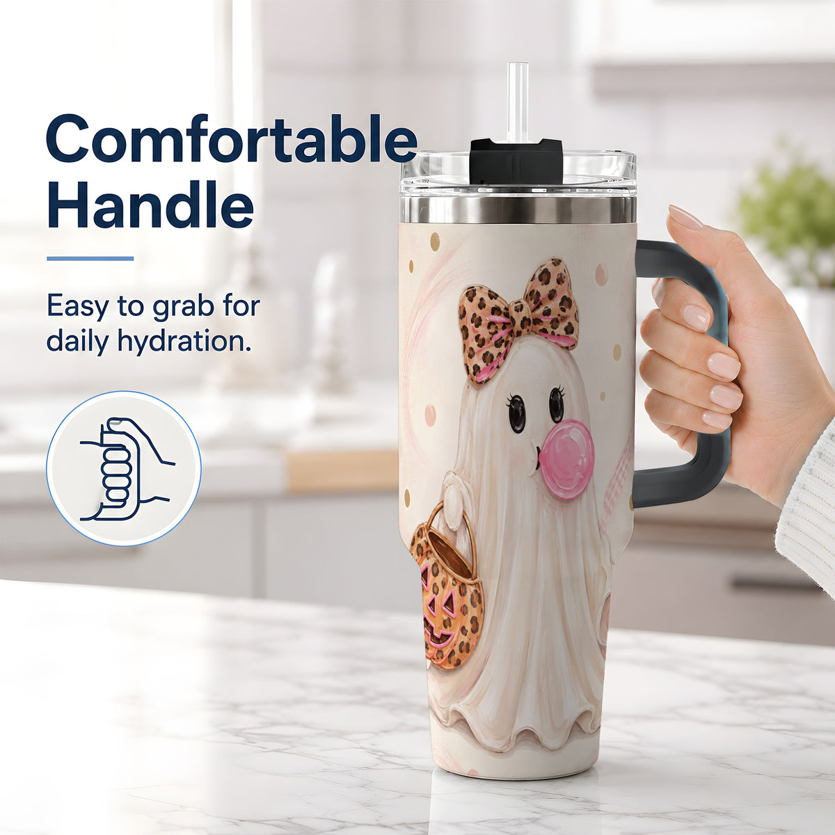 #pl[40oz|Black] Leopard Bow Ghost 40oz Tumbler, Halloween Pumpkin Stainless Steel Drinkware