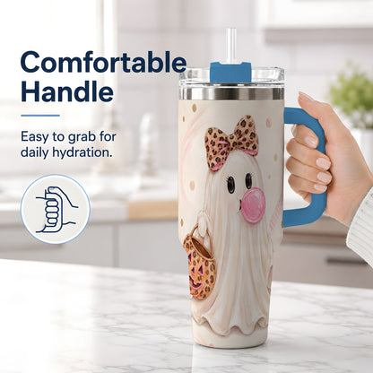 #pl[40oz|Blue] Leopard Bow Ghost 40oz Tumbler, Halloween Pumpkin Stainless Steel Drinkware