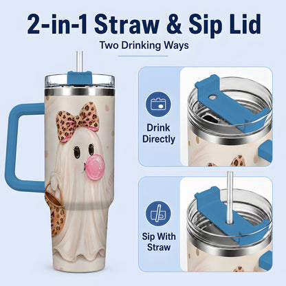 #pl[40oz|Blue] Leopard Bow Ghost 40oz Tumbler, Halloween Pumpkin Stainless Steel Drinkware