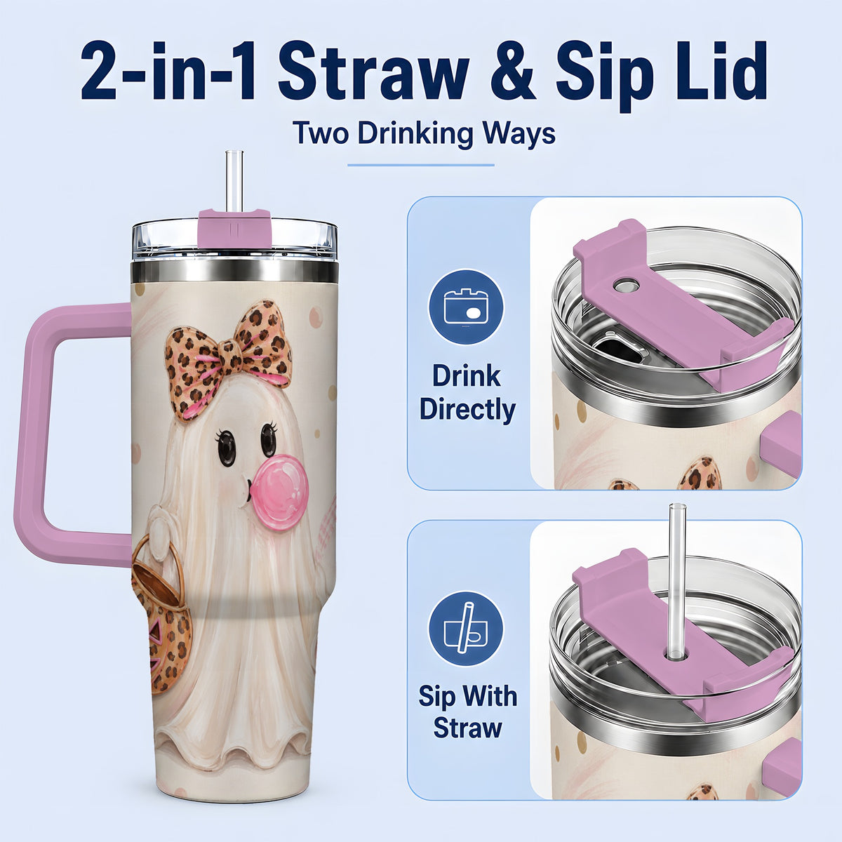 #pl[40oz|Pink] Leopard Bow Ghost 40oz Tumbler, Halloween Pumpkin Stainless Steel Drinkware