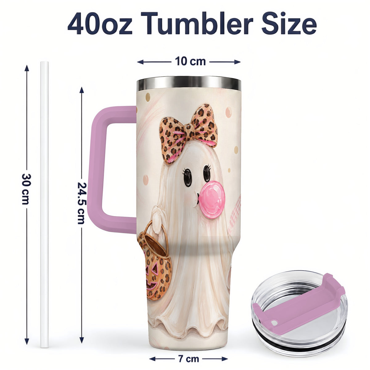 #pl[40oz|Pink] Leopard Bow Ghost 40oz Tumbler, Halloween Pumpkin Stainless Steel Drinkware