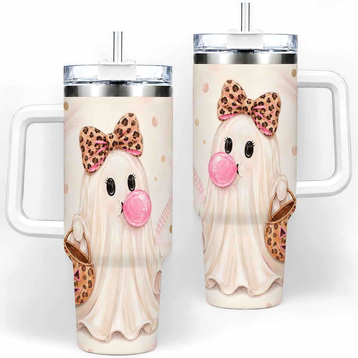 Leopard Bow Ghost 40oz Tumbler, Halloween Pumpkin Stainless Steel Drinkware