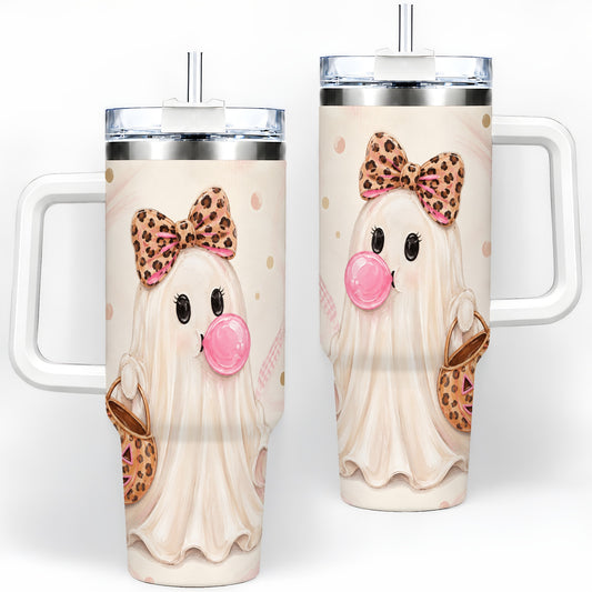 Leopard Bow Ghost 40oz Tumbler, Halloween Pumpkin Stainless Steel Drinkware