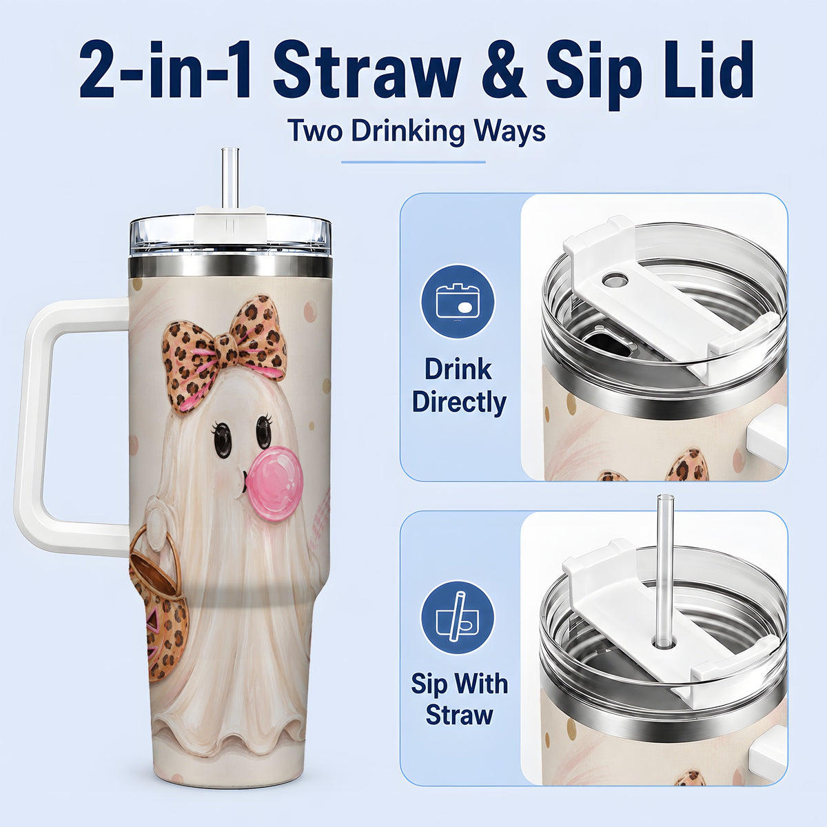 #pl[40oz|White] Leopard Bow Ghost 40oz Tumbler, Halloween Pumpkin Stainless Steel Drinkware