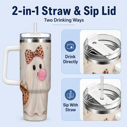 #pl[40oz|White] Leopard Bow Ghost 40oz Tumbler, Halloween Pumpkin Stainless Steel Drinkware
