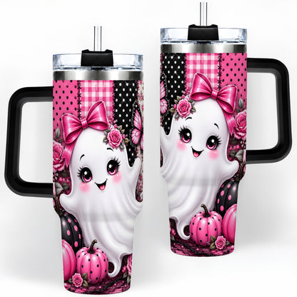 #pl[40oz|Black] Pink Ghost Halloween 40oz Tumbler, Floral Pumpkin Pattern Artwork