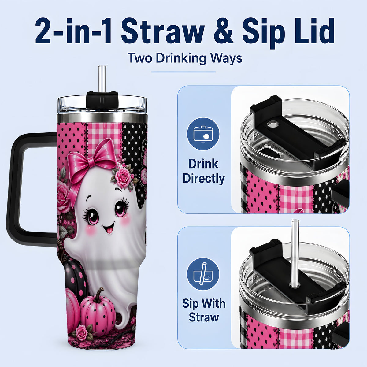 #pl[40oz|Black] Pink Ghost Halloween 40oz Tumbler, Floral Pumpkin Pattern Artwork