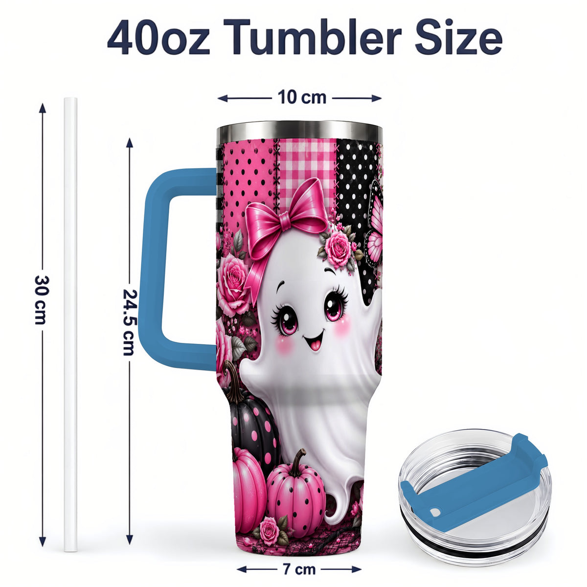 #pl[40oz|Blue] Pink Ghost Halloween 40oz Tumbler, Floral Pumpkin Pattern Artwork