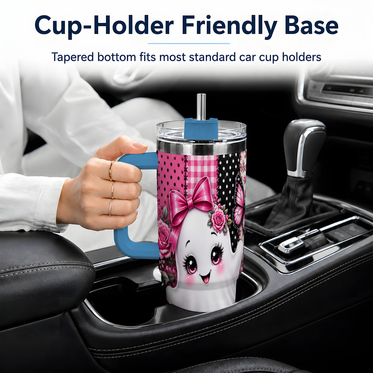 #pl[40oz|Blue] Pink Ghost Halloween 40oz Tumbler, Floral Pumpkin Pattern Artwork