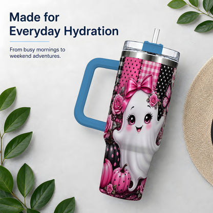 #pl[40oz|Blue] Pink Ghost Halloween 40oz Tumbler, Floral Pumpkin Pattern Artwork