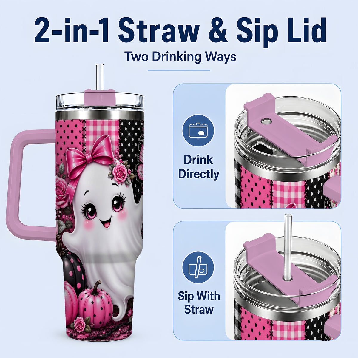 #pl[40oz|Pink] Pink Ghost Halloween 40oz Tumbler, Floral Pumpkin Pattern Artwork
