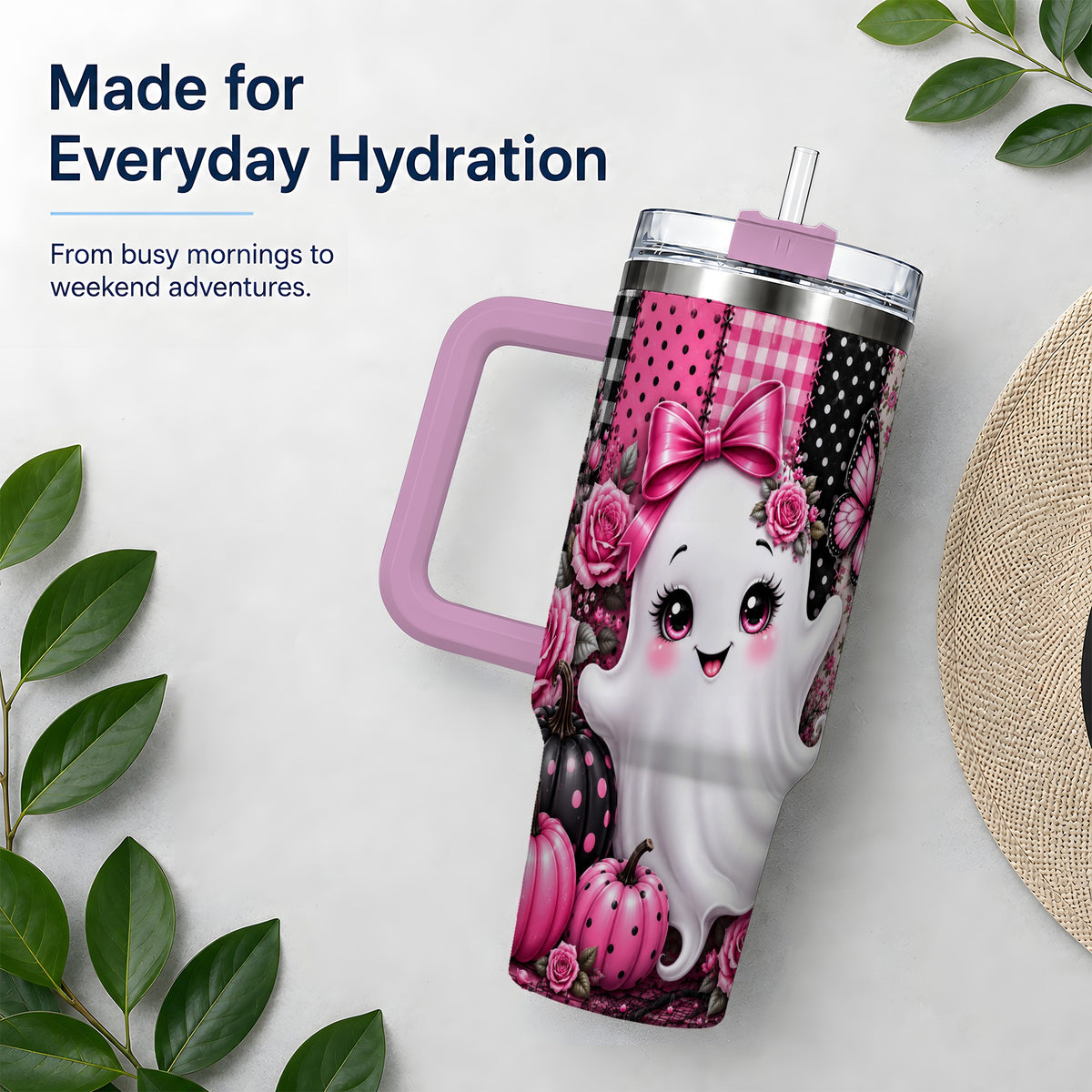 #pl[40oz|Pink] Pink Ghost Halloween 40oz Tumbler, Floral Pumpkin Pattern Artwork