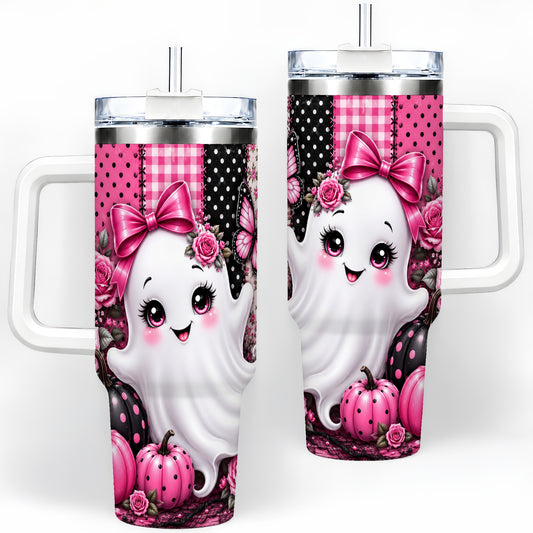 Pink Ghost Halloween 40oz Tumbler, Floral Pumpkin Pattern Artwork