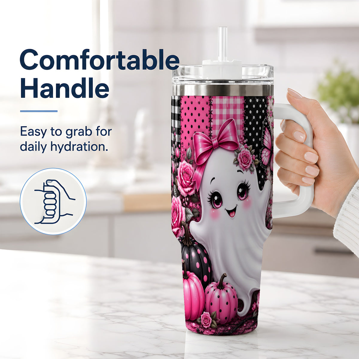#pl[40oz|White] Pink Ghost Halloween 40oz Tumbler, Floral Pumpkin Pattern Artwork